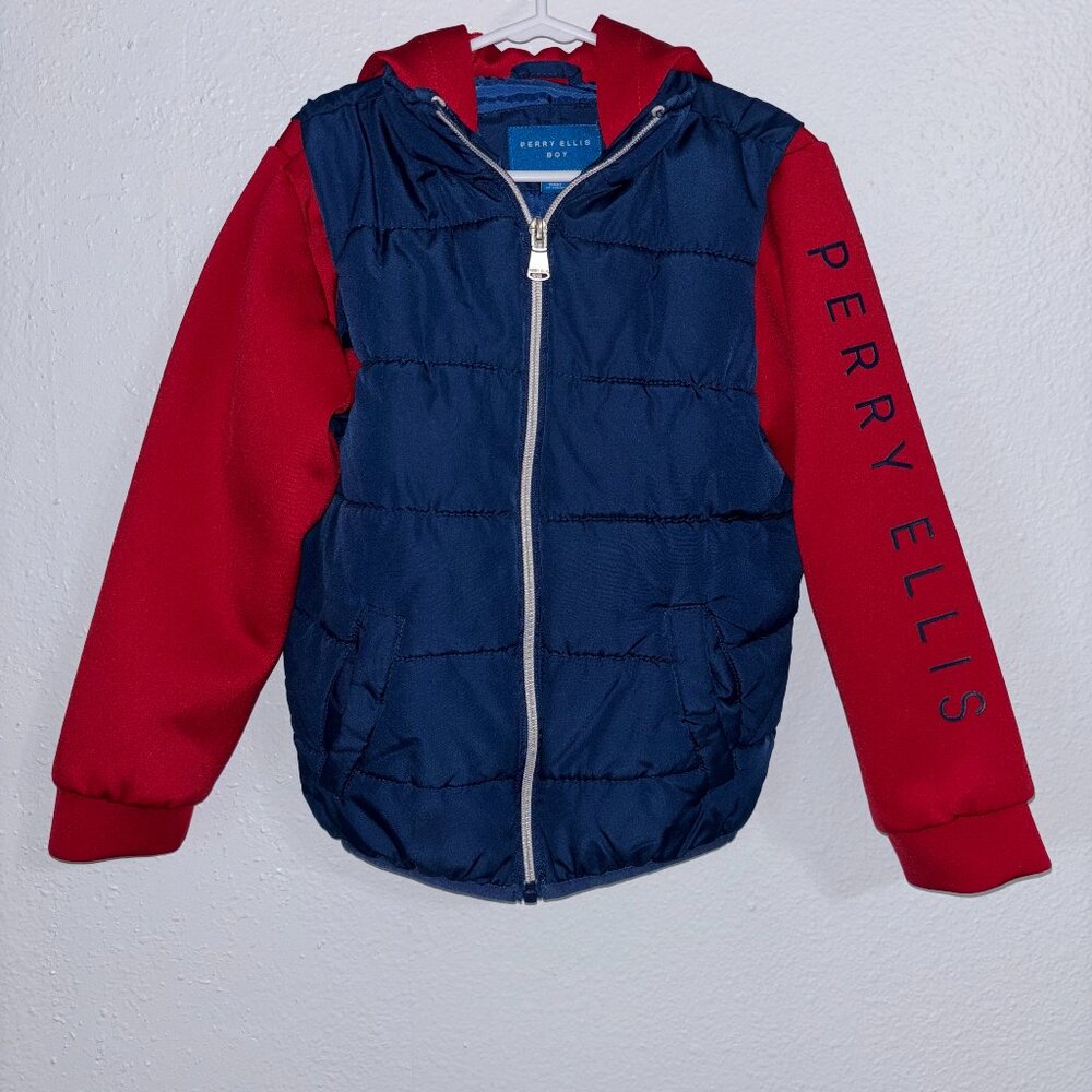 Perry Ellis Boy‎ Hybrid Puffer Vest Jacket Hoodie Size S Red Navy Full Zip